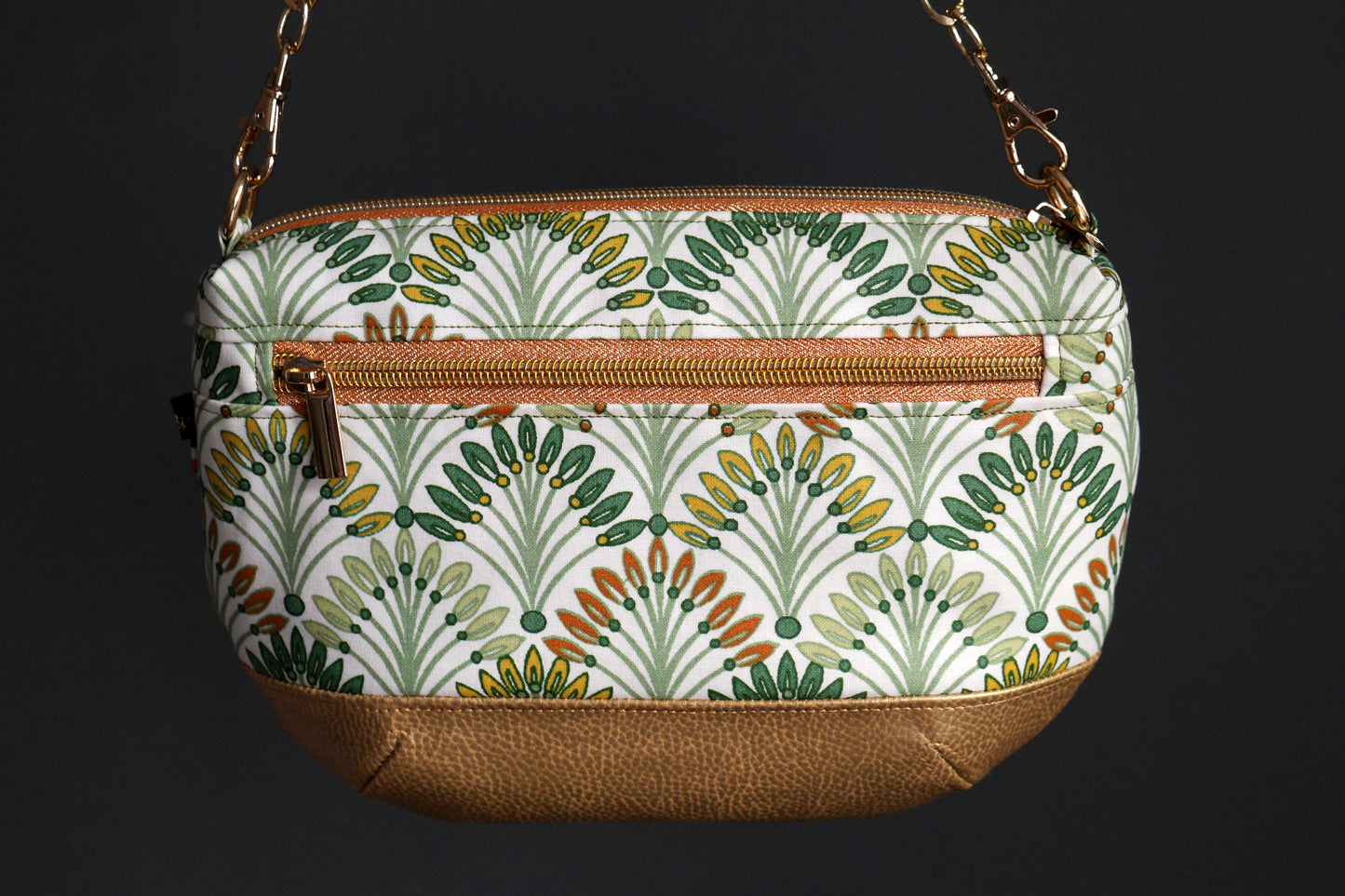 Sac à main tissu enduit imperméable palmiers et simili cuir doré avec bandoulière réglable