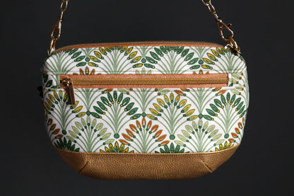 Sac à main tissu enduit imperméable palmiers et simili cuir doré avec bandoulière réglable