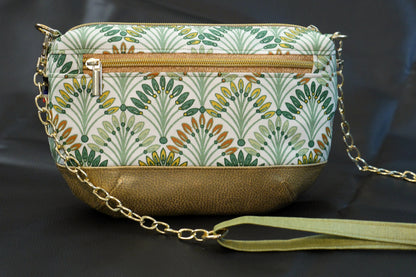 Sac à main tissu enduit imperméable palmiers et simili cuir doré avec bandoulière réglable