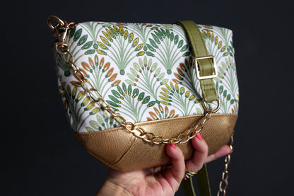 Sac à main tissu enduit imperméable palmiers et simili cuir doré avec bandoulière réglable