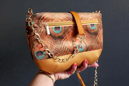 Sac à main velours paon et simili cuir avec bandoulière réglable