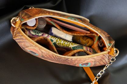 Sac à main velours paon et simili cuir avec bandoulière réglable