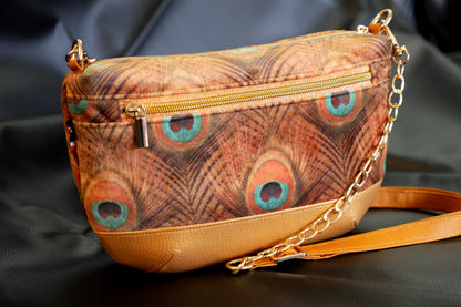 Sac à main velours paon et simili cuir avec bandoulière réglable