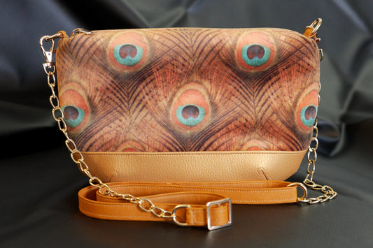 Sac à main velours paon et simili cuir avec bandoulière réglable