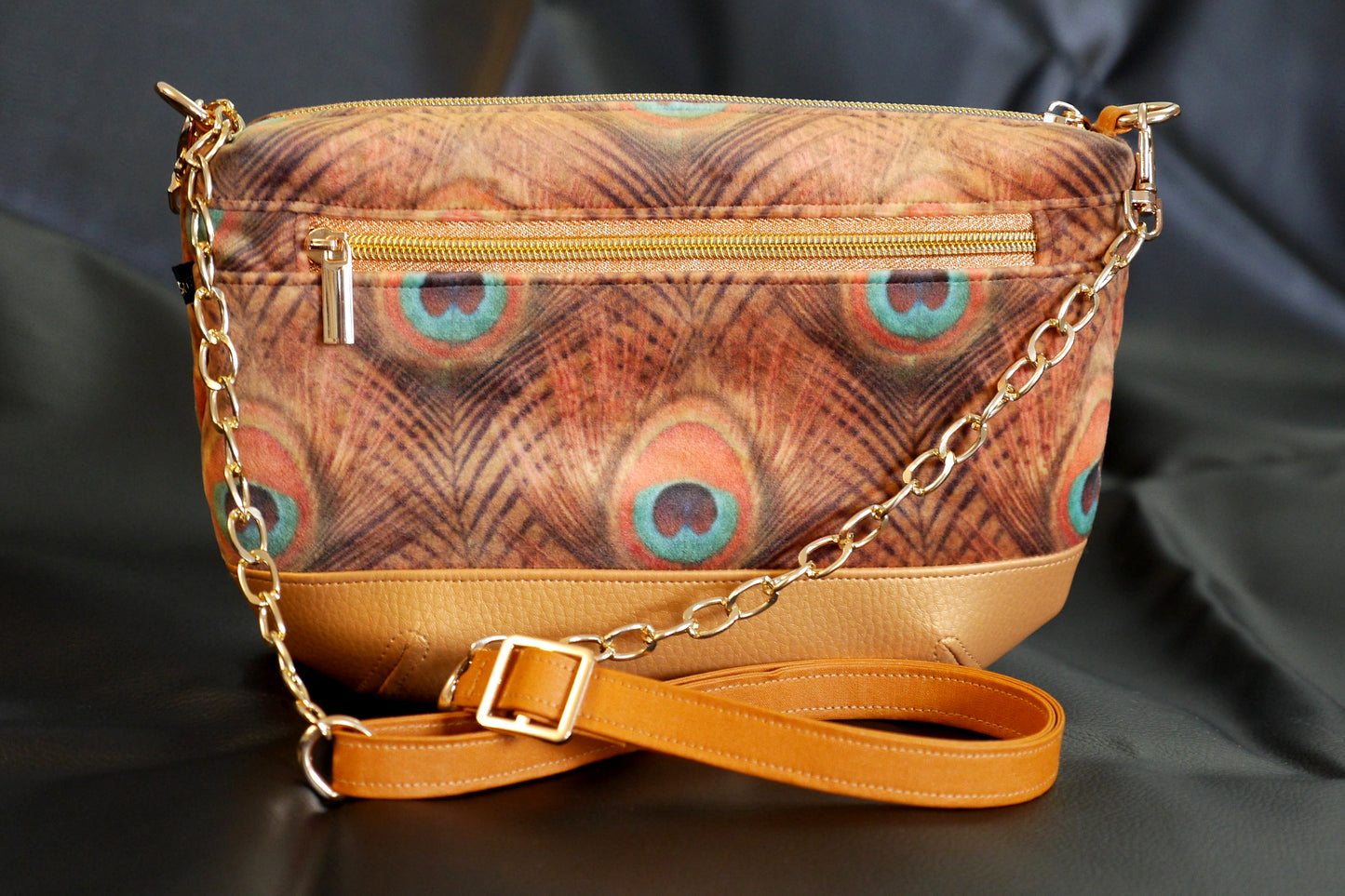 Sac à main velours paon et simili cuir avec bandoulière réglable