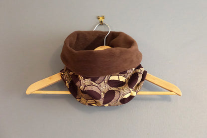 Snood wax africain marron graphique ethnique beige polaire tour de cou motifs réversible écharpe hiver mode fait main