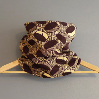 Snood wax africain marron graphique ethnique beige polaire tour de cou motifs réversible écharpe hiver mode fait main