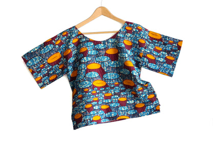 Top wax haut ample pagne africain tissu fait main graphique bleu orange femme taille unique