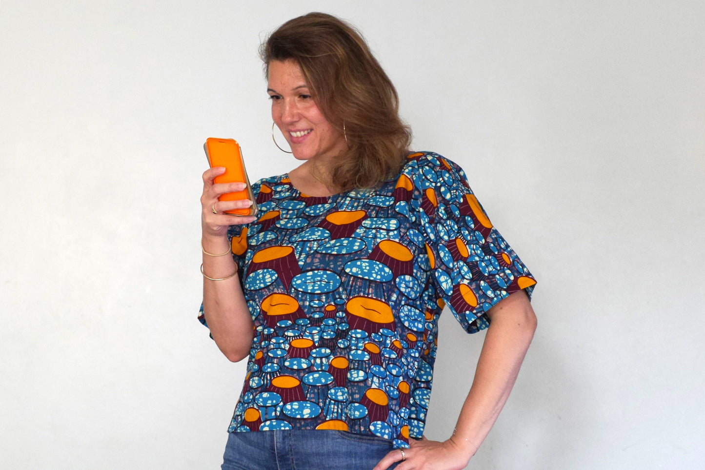 Top wax haut ample pagne africain tissu fait main graphique bleu orange femme taille unique