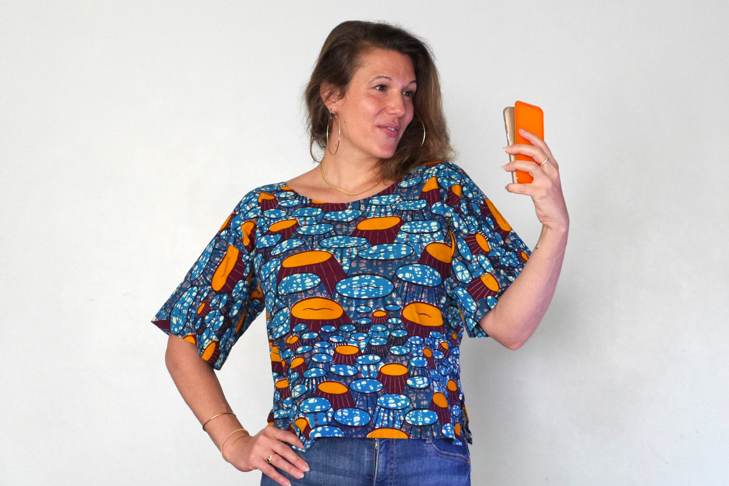 Top wax haut ample pagne africain tissu fait main graphique bleu orange femme taille unique