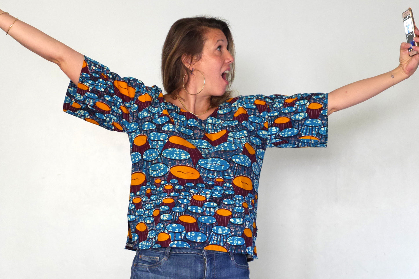 Top wax haut ample pagne africain tissu fait main graphique bleu orange femme taille unique