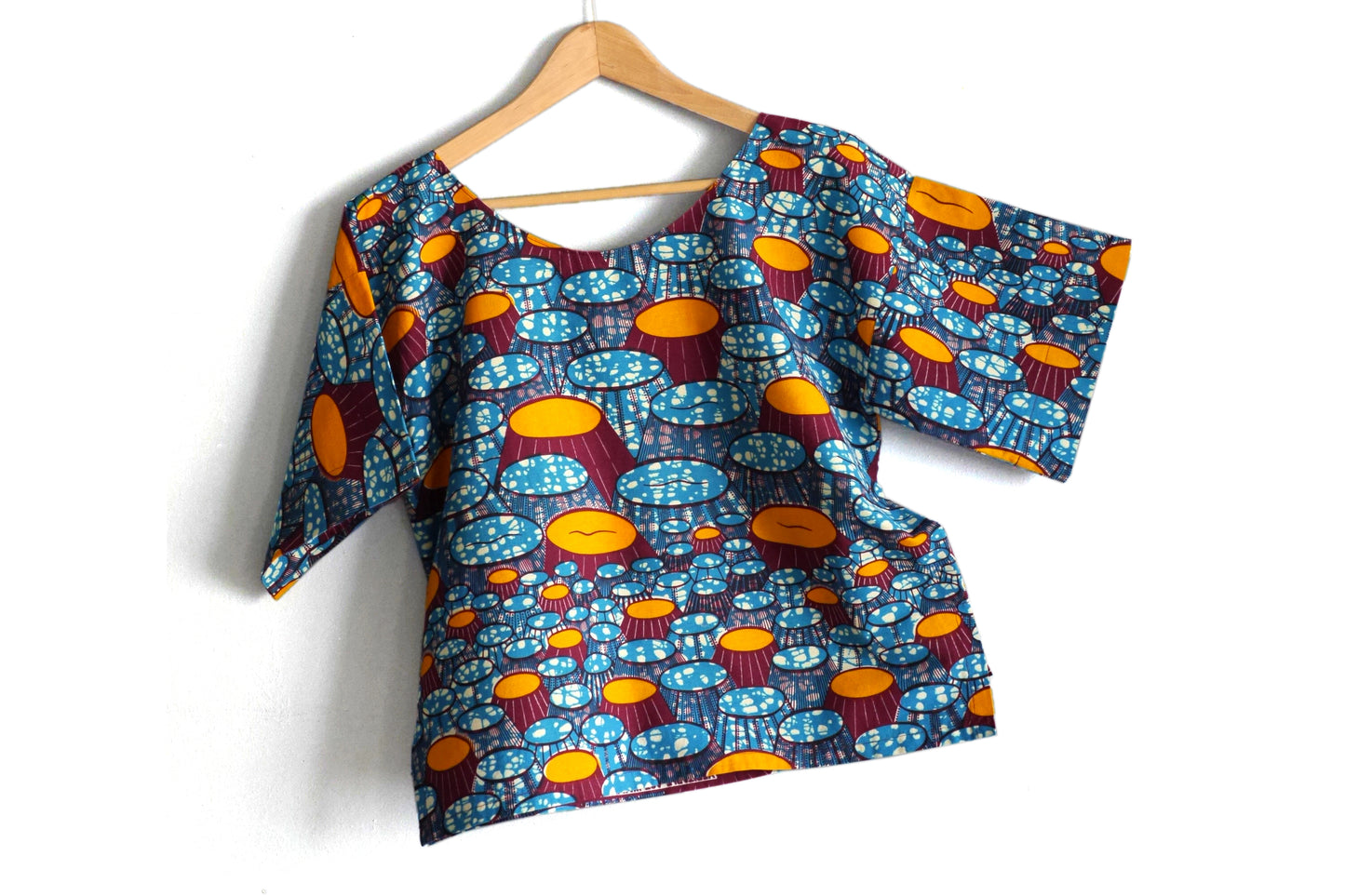 Top wax haut ample pagne africain tissu fait main graphique bleu orange femme taille unique