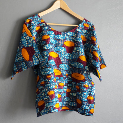 Top wax haut ample pagne africain tissu fait main graphique bleu orange femme taille unique