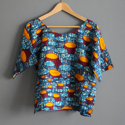 Top wax haut ample pagne africain tissu fait main graphique bleu orange femme taille unique