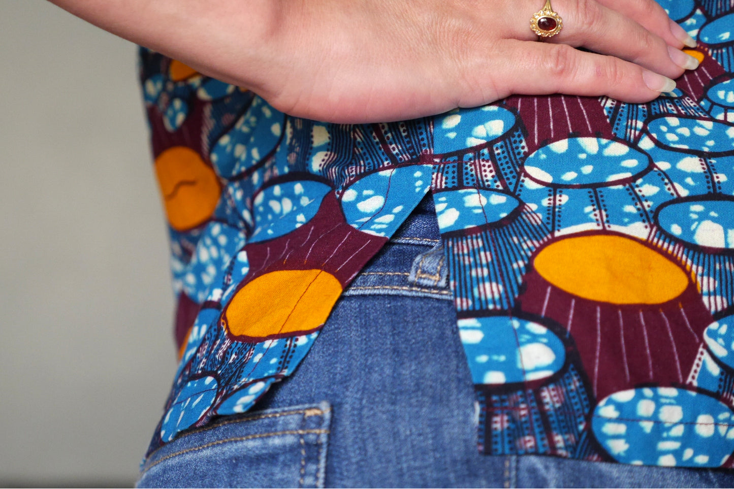 Top wax haut ample pagne africain tissu fait main graphique bleu orange femme taille unique