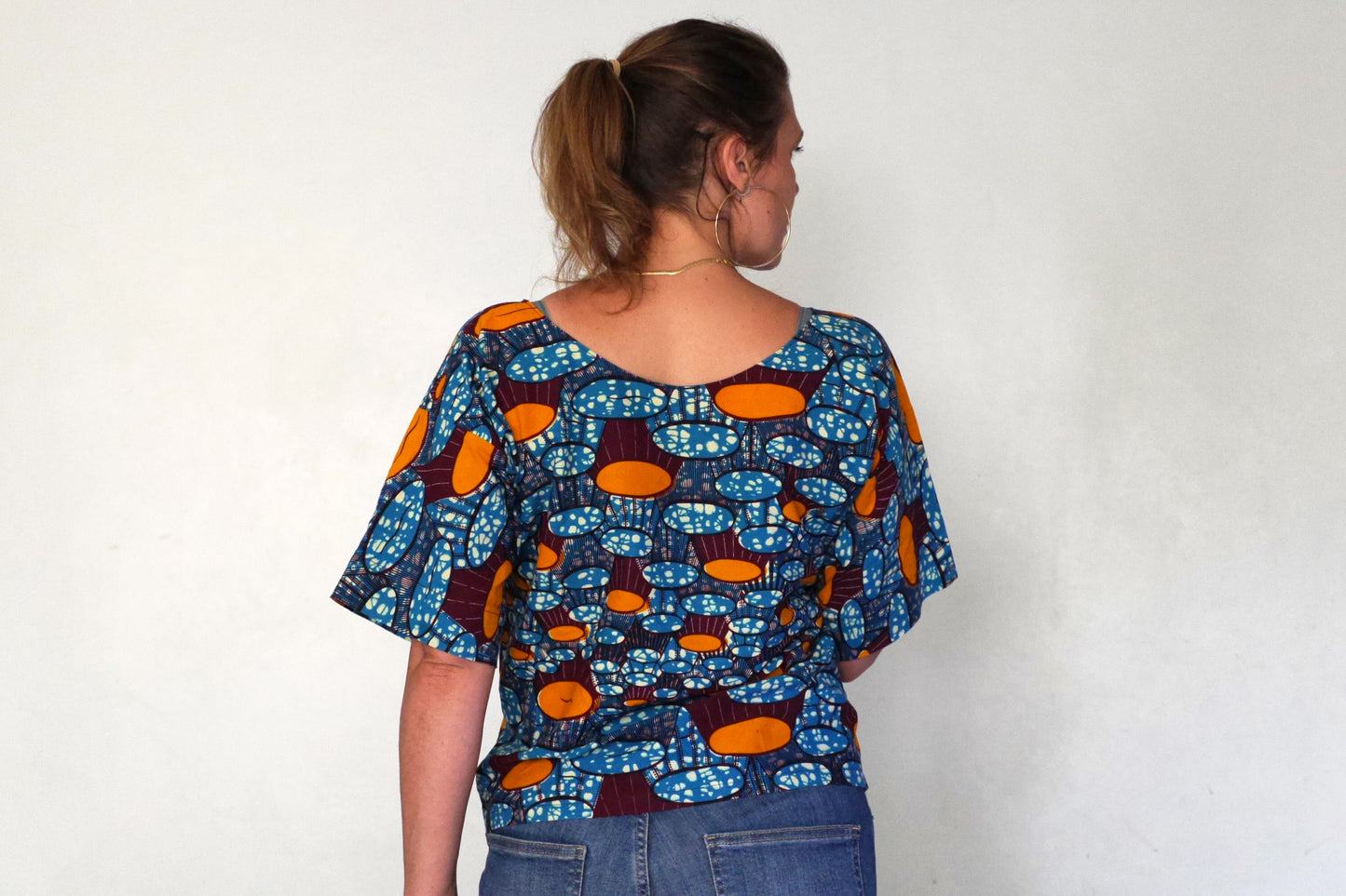 Top wax haut ample pagne africain tissu fait main graphique bleu orange femme taille unique