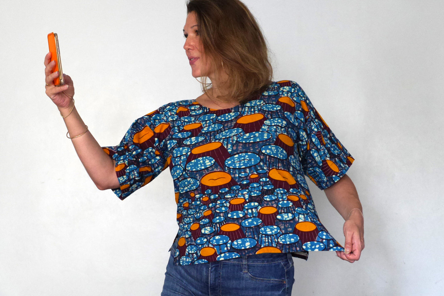 Top wax haut ample pagne africain tissu fait main graphique bleu orange femme taille unique