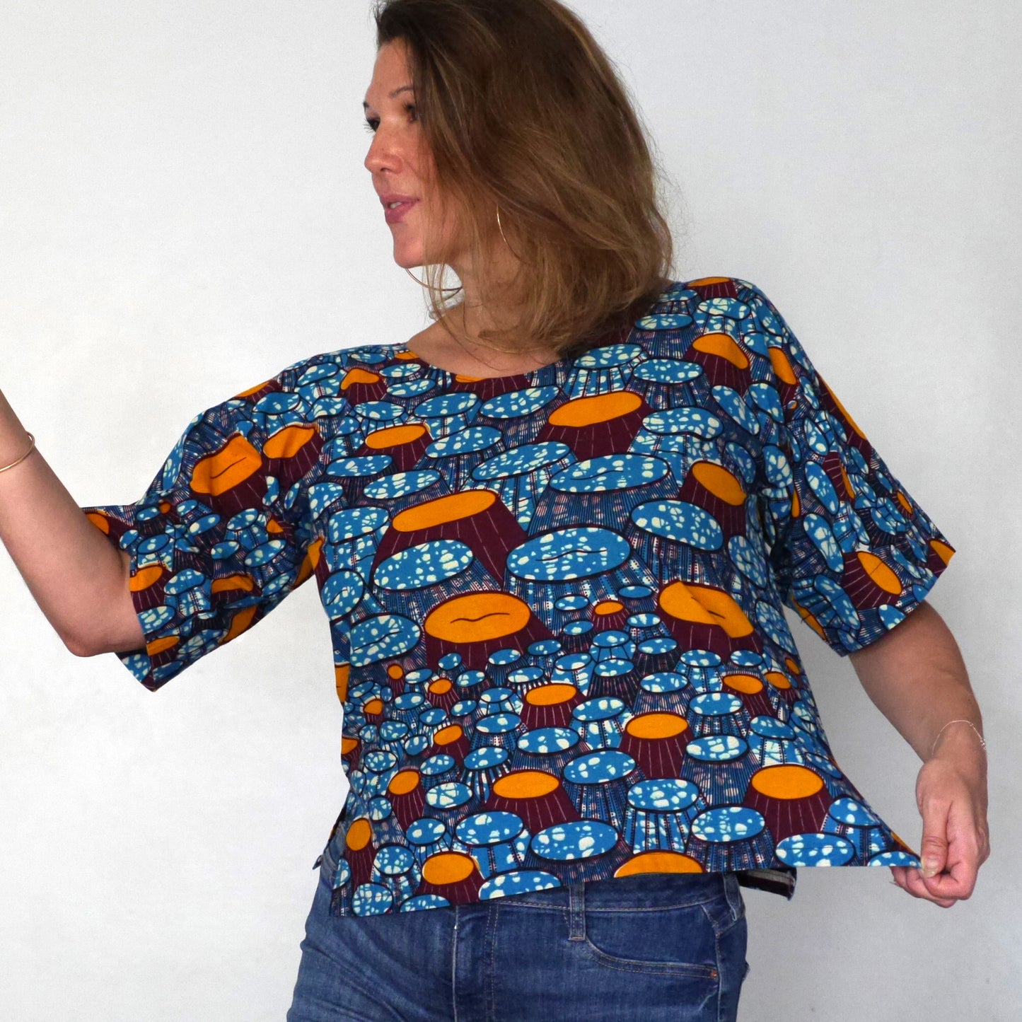 Top wax haut ample pagne africain tissu fait main graphique bleu orange femme taille unique
