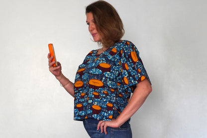 Top wax haut ample pagne africain tissu fait main graphique bleu orange femme taille unique