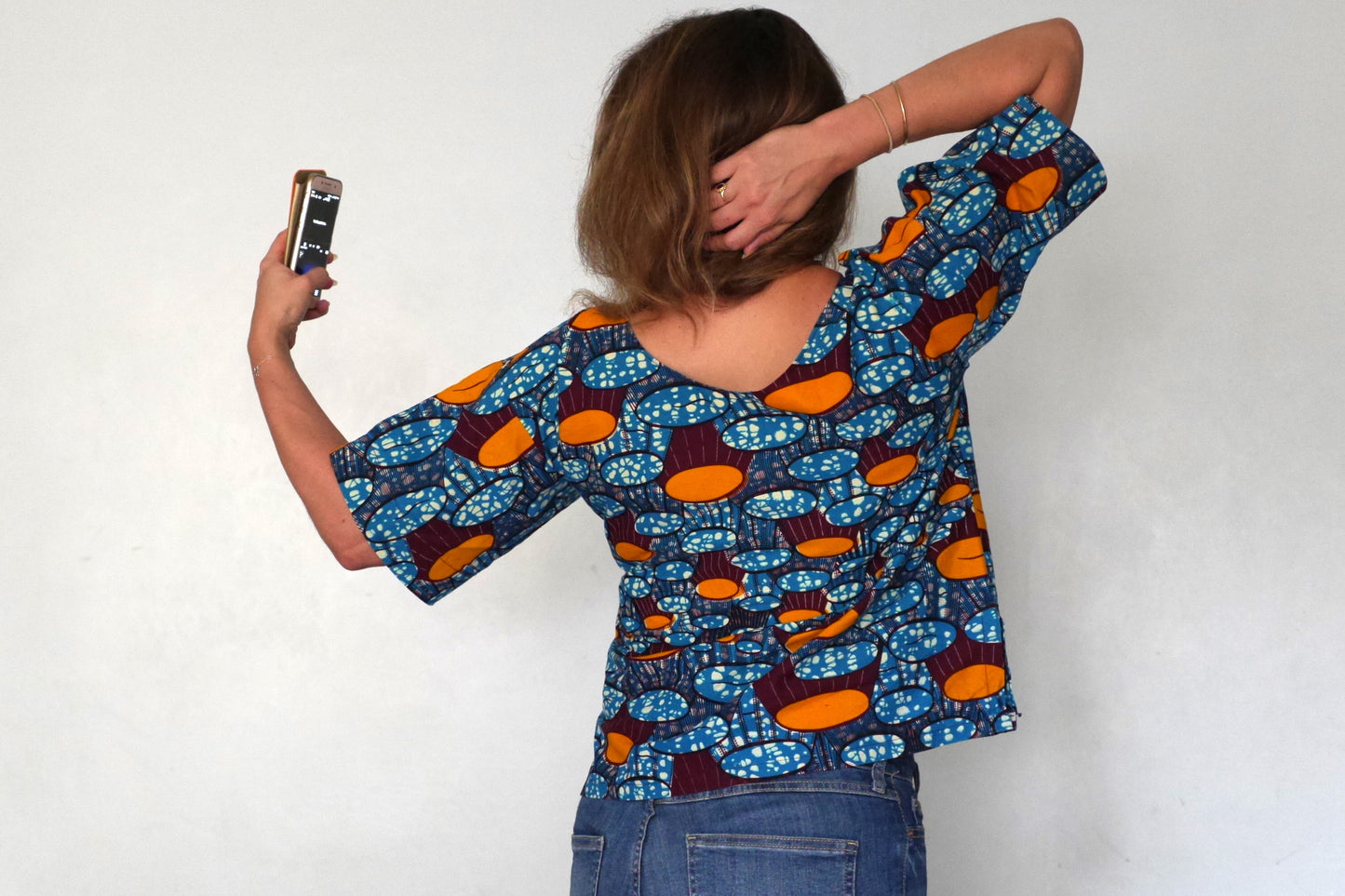 Top wax haut ample pagne africain tissu fait main graphique bleu orange femme taille unique