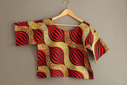 Top wax haut ample pagne africain tissu fait main graphique rouge jaune taille unique