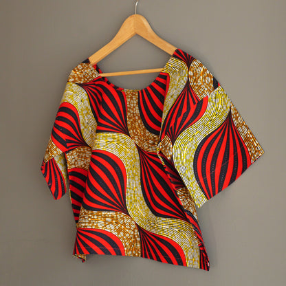Top wax haut ample pagne africain tissu fait main graphique rouge jaune taille unique