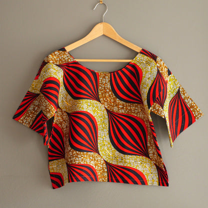 Top wax haut ample pagne africain tissu fait main graphique rouge jaune taille unique