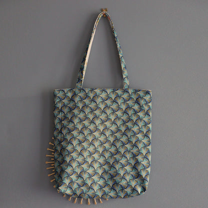 Totebag réversible tissu jacquard têtes de mort mexicaines bleu turquoise et gris