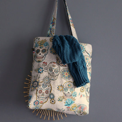 Totebag réversible tissu jacquard têtes de mort mexicaines bleu turquoise et gris