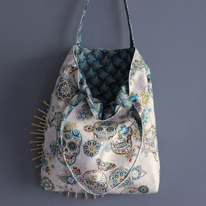 Totebag réversible tissu jacquard têtes de mort mexicaines bleu turquoise et gris