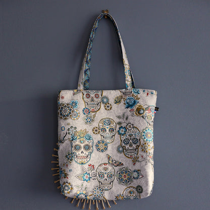 Totebag réversible tissu jacquard têtes de mort mexicaines bleu turquoise et gris