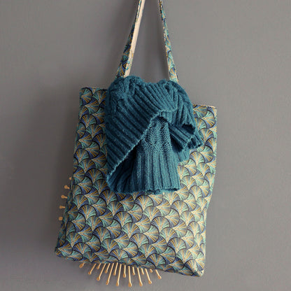 Totebag réversible tissu jacquard têtes de mort mexicaines bleu turquoise et gris