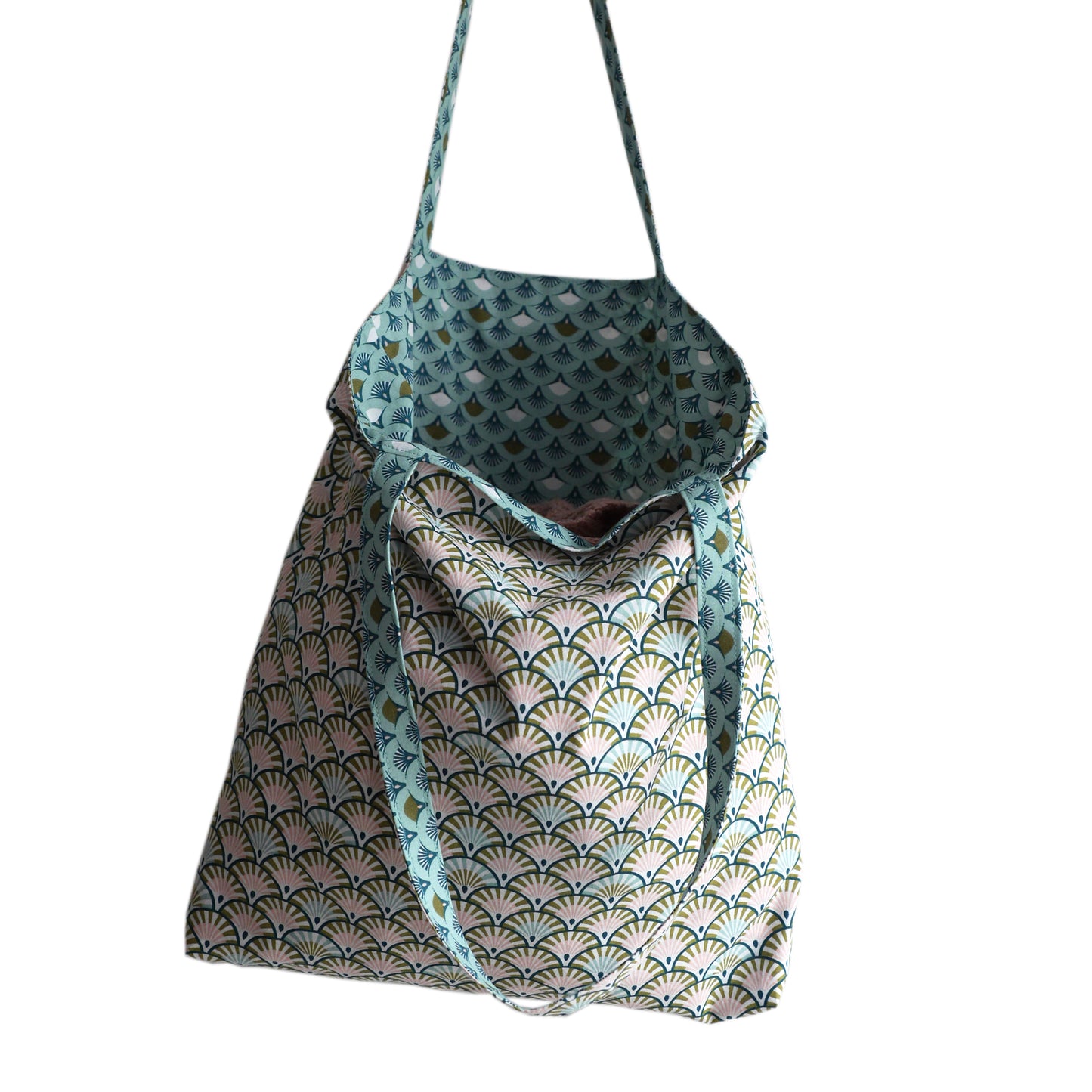 Totebag réversible tissu éventails japonais bleu turquoise écailles rose vert anses solides cadeau original femme cabas fourre-tout hiver