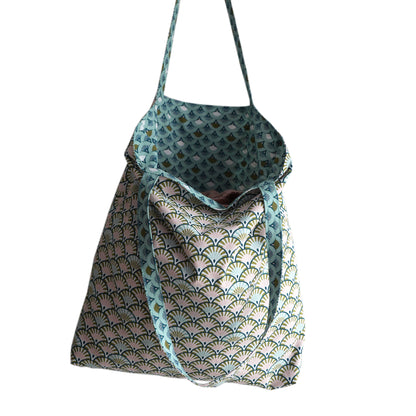 Totebag réversible tissu éventails japonais bleu turquoise écailles rose vert anses solides cadeau original femme cabas fourre-tout hiver