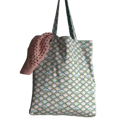 Totebag réversible tissu éventails japonais bleu turquoise écailles rose vert anses solides cadeau original femme cabas fourre-tout hiver