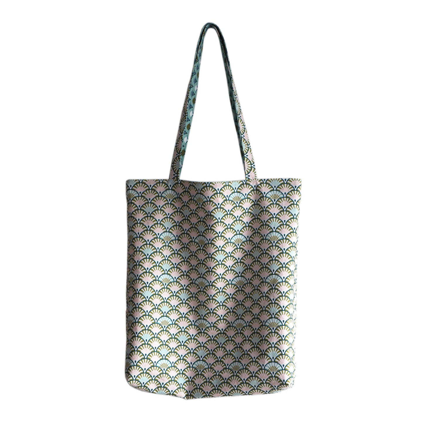 Totebag réversible tissu éventails japonais bleu turquoise écailles rose vert anses solides cadeau original femme cabas fourre-tout hiver