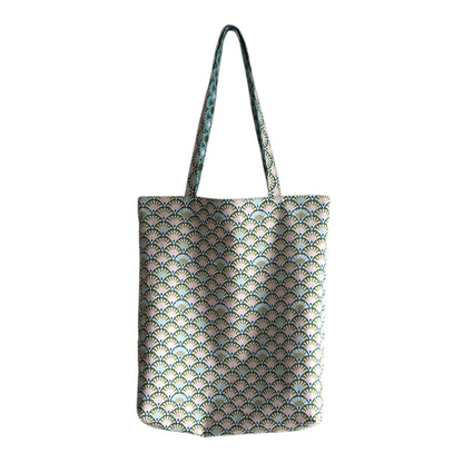 Totebag réversible tissu éventails japonais bleu turquoise écailles rose vert anses solides cadeau original femme cabas fourre-tout hiver