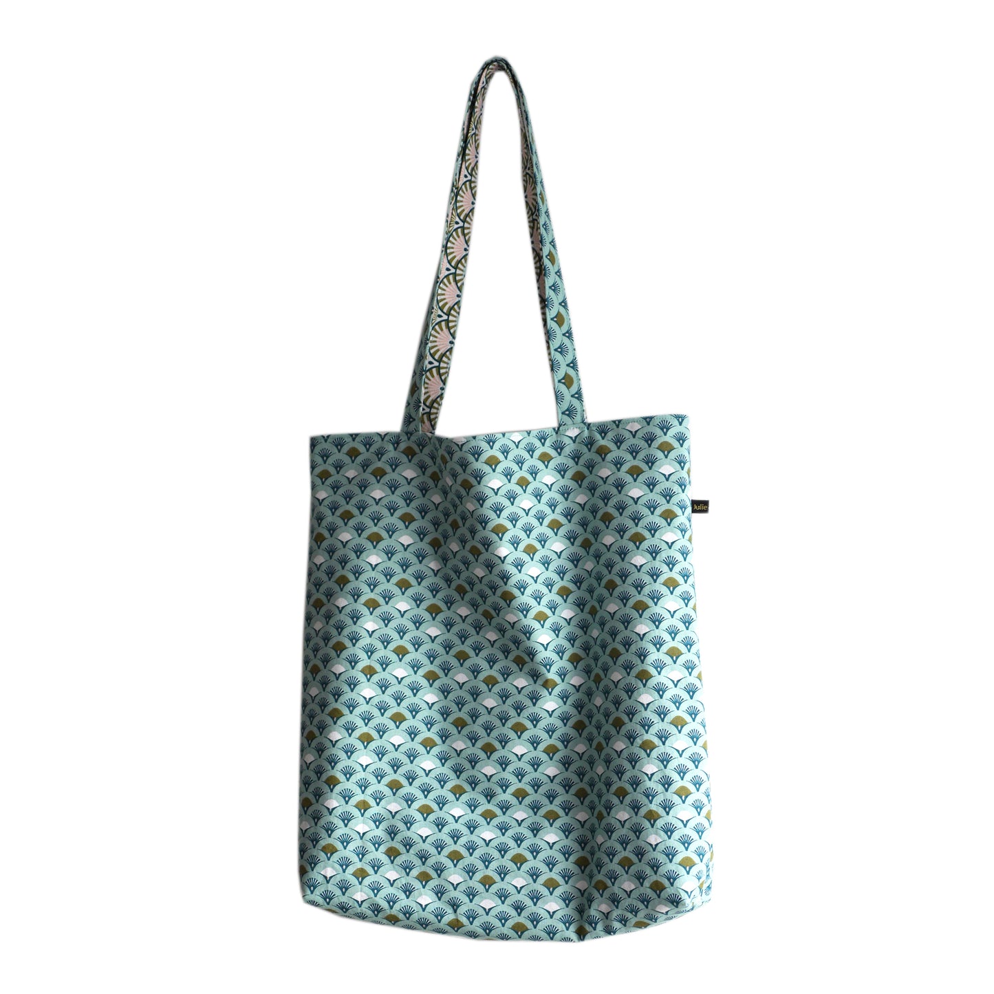 Totebag réversible tissu éventails japonais bleu turquoise écailles rose vert anses solides cadeau original femme cabas fourre-tout hiver