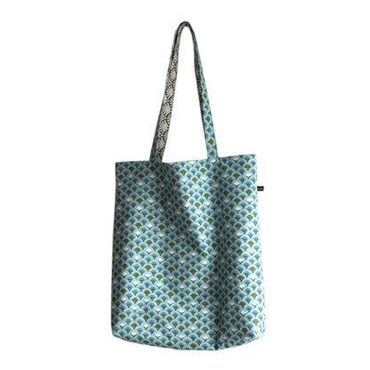 Totebag réversible tissu éventails japonais bleu turquoise écailles rose vert anses solides cadeau original femme cabas fourre-tout hiver
