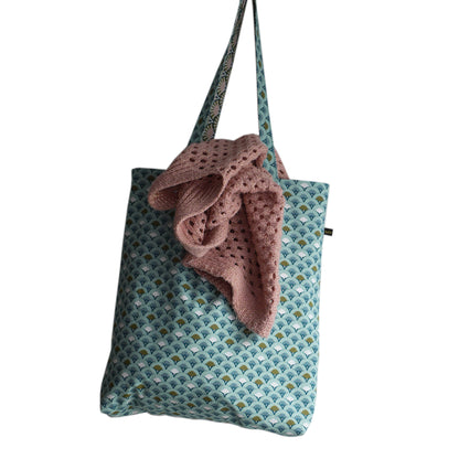 Totebag réversible tissu éventails japonais bleu turquoise écailles rose vert anses solides cadeau original femme cabas fourre-tout hiver