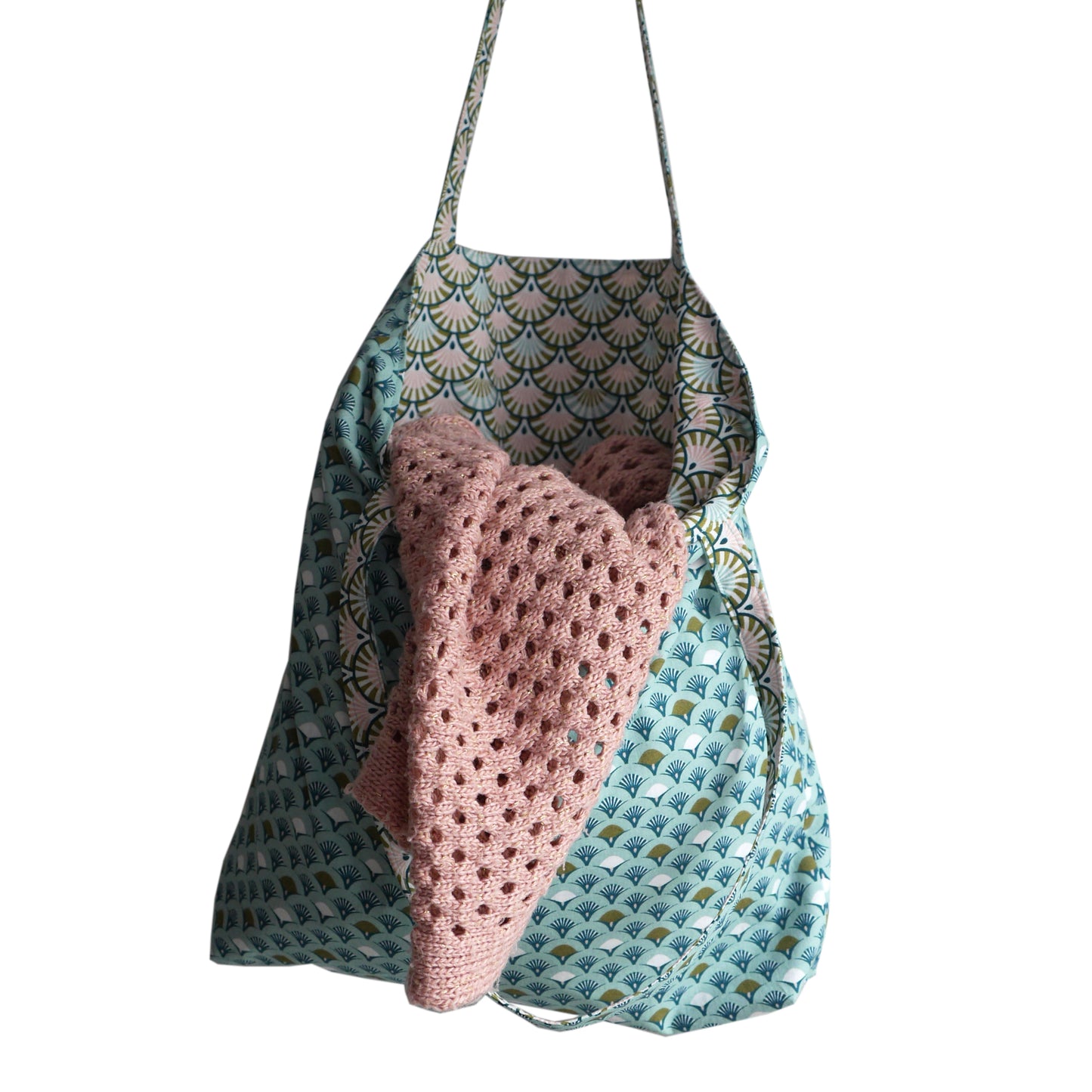 Totebag réversible tissu éventails japonais bleu turquoise écailles rose vert anses solides cadeau original femme cabas fourre-tout hiver