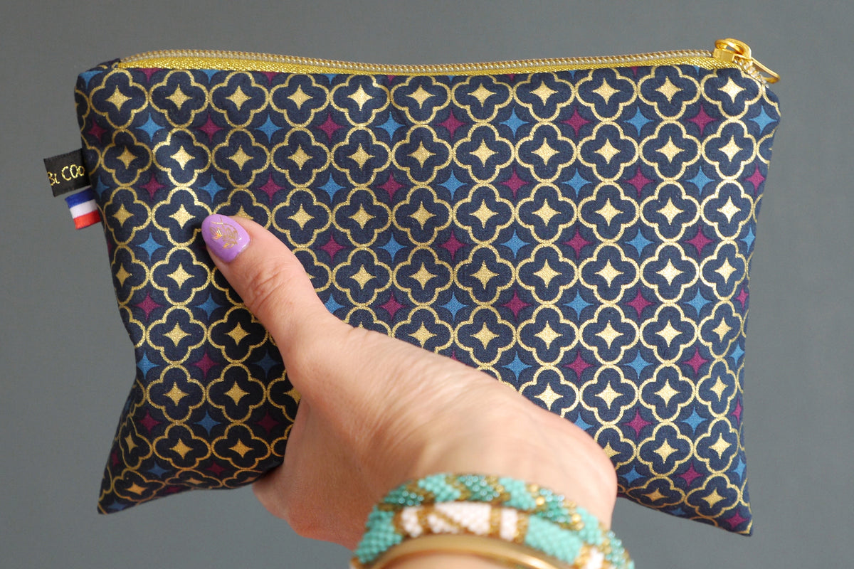 Trousse à maquillage simplissime plate tissu trèfles dorés zip or 20,5×14 cm