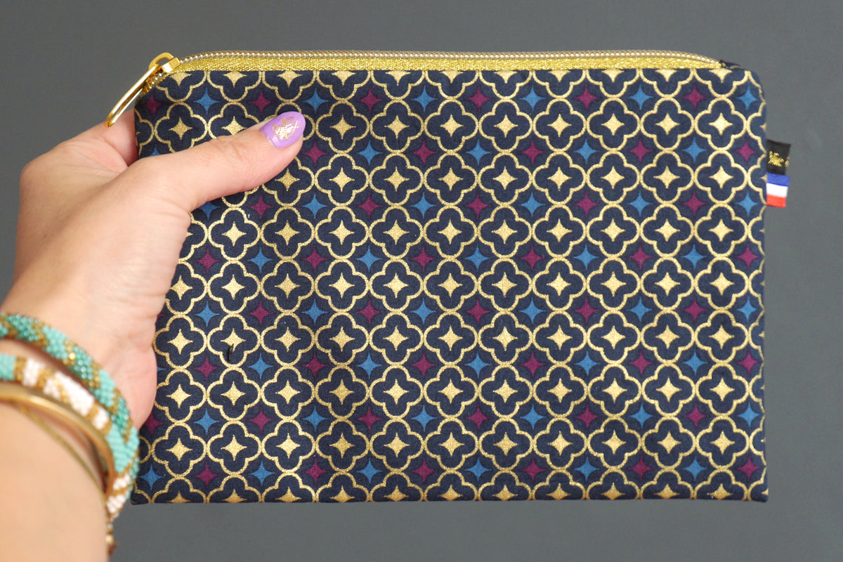 Trousse à maquillage simplissime plate tissu trèfles dorés zip or 20,5×14 cm