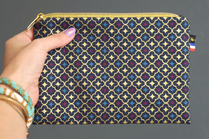 Trousse à maquillage simplissime plate tissu trèfles dorés zip or 20,5×14 cm