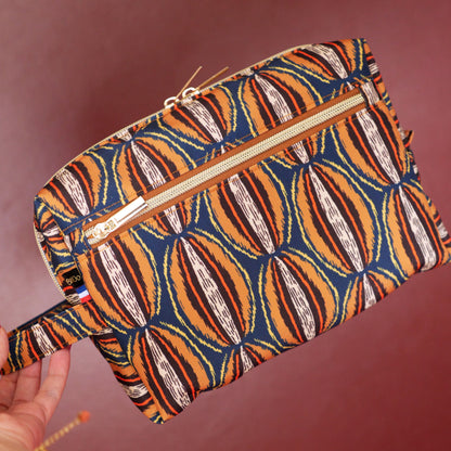 Trousse de toilette VOYAGE tissu toile déperlante wax graphique manioc bleu marron orange