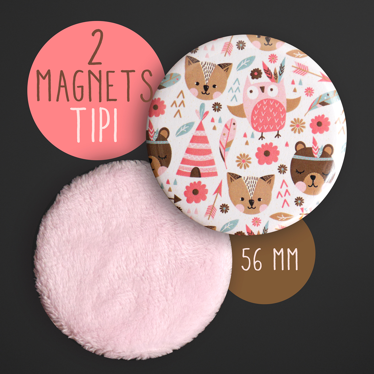 Magnets tipi boho animaux indiens fourrure rose pâle rond 56 mm