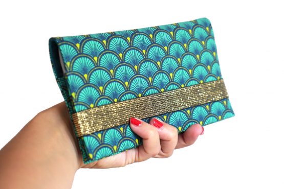 Porte-chéquier femme tissu handmade écailles japonaises graphique bleu turquoise émeraude élastique or doré brillant pochette sac - Julie & COo