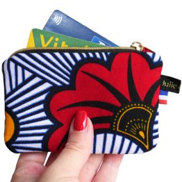 Mini porte-monnaie en tissu wax fleurs mariage étui carte africain rouge et jaune zip doré fait main handmade original - Julie & COo