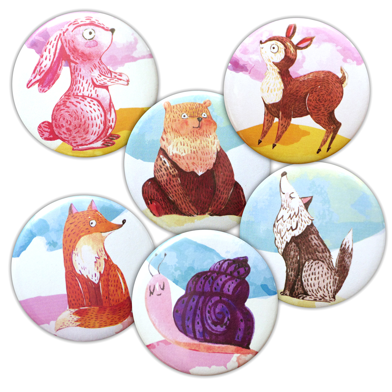Magnets animaux aquarelle coloré lot de 6, 4 ou 2 rond 56 mm aimant frigo  cuisine lapin, renard, ours, loup, faon, escargot - JULIE & COo