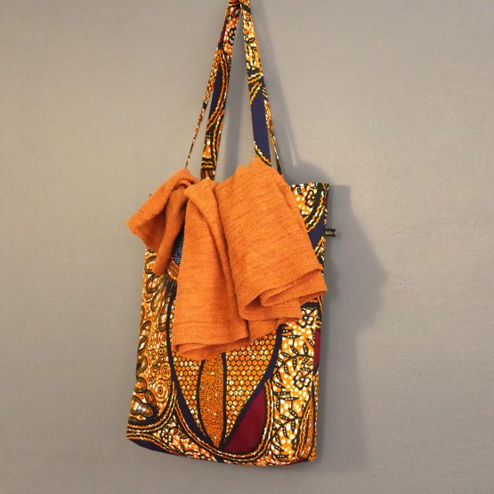 Totebag wax tissu femme coloré ethnique coton sac anses fait main handmade France unique cadeau bleu marine orange - Julie & COo
